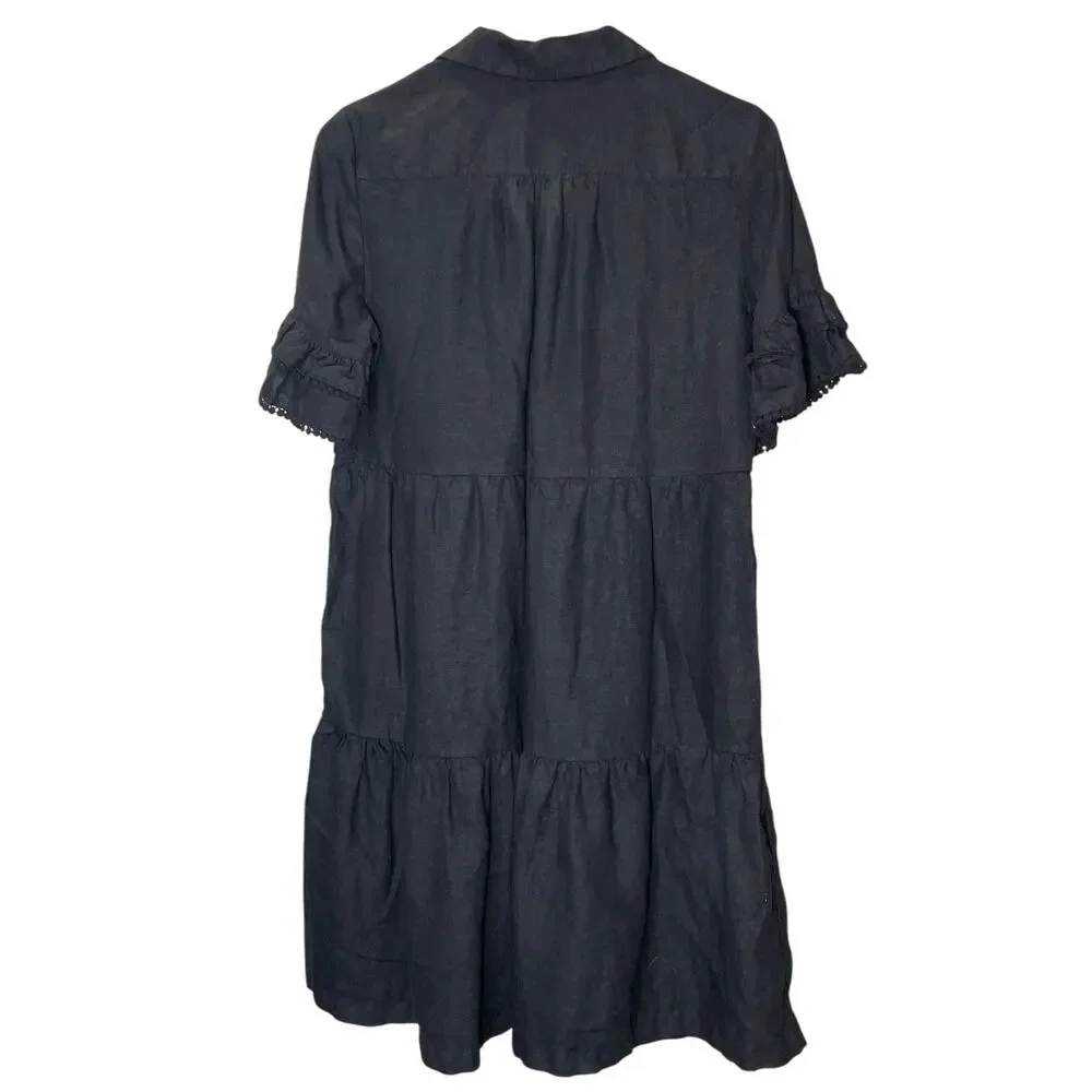 Chico’s 100% Linen Tiered Shirt Dress Black Ruffle Sleeve Pockets Size 0.5